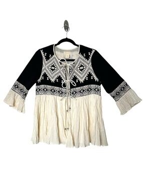 Lucy & Laurel Boho Cottagecore Tribal Babydoll Ruffle Cardigan Prairiecore